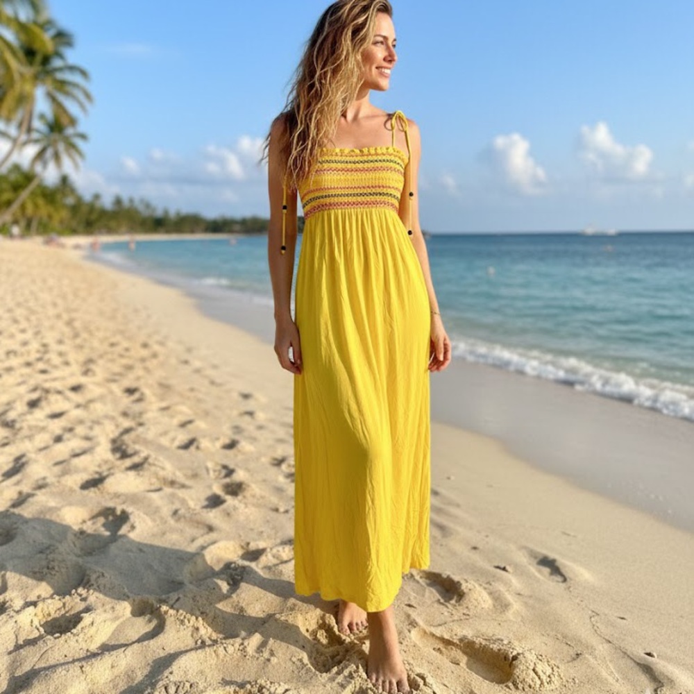 Yellow Smocked Bodice Summer Dress